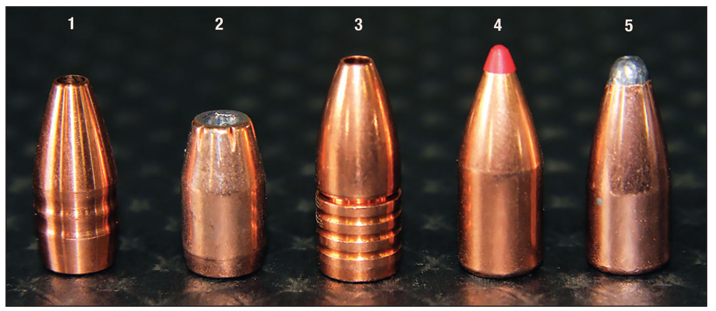 Bullets used to test the 350 Legend included: (1) 125 Hammer Bullets Shock Hammer, (2) 147 Hornady XTP, (3) 150 Lehigh Defense Controlled Chaos, (4) 165 Hornady FTX and (5) 170 Hornady InterLock.